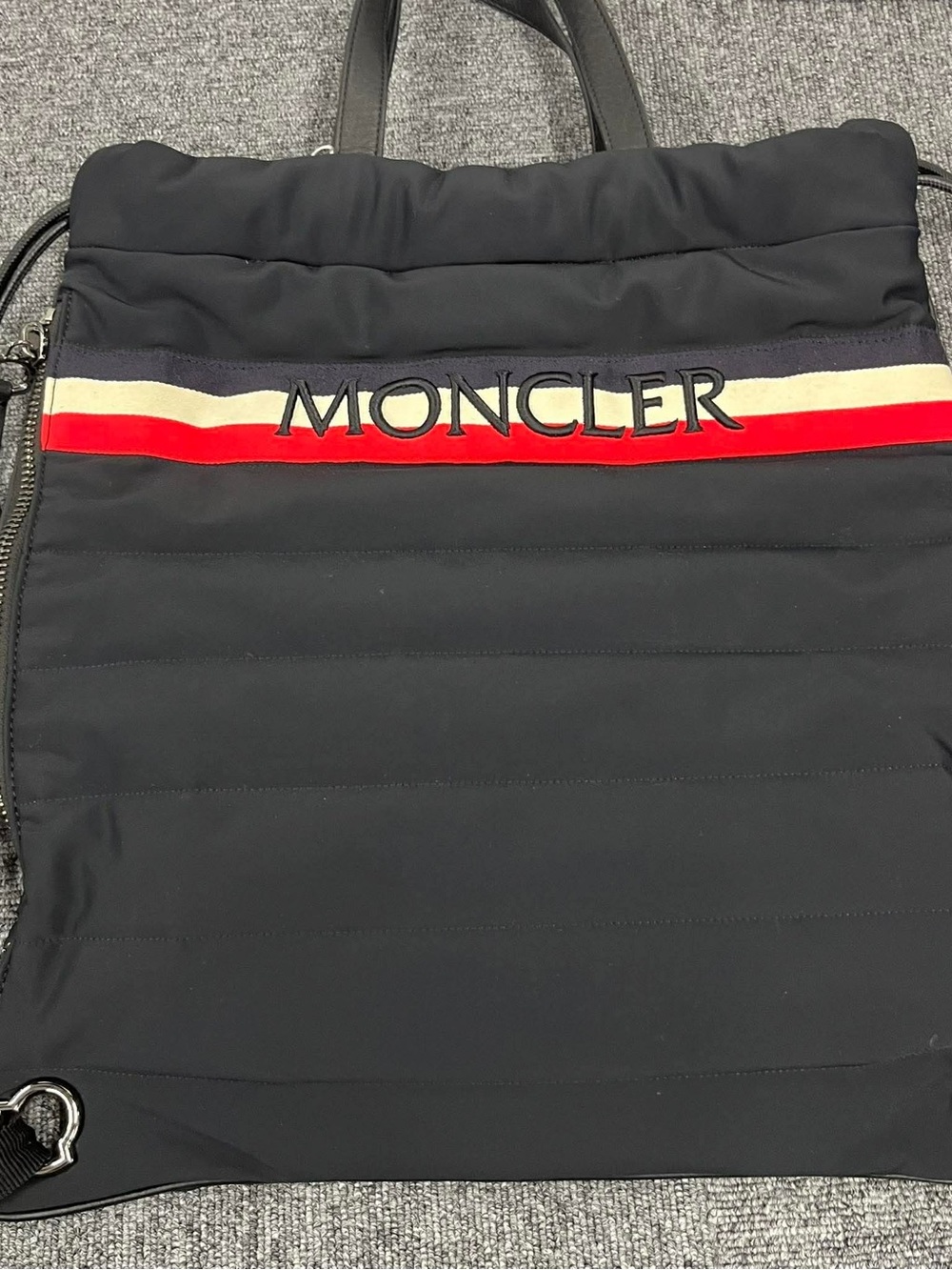 Moncler Black Quilted Tote with Red, White & Blue Stripe